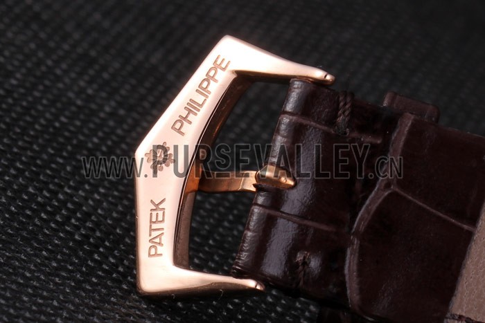 Patek Philipe Calatrava Roze Gold Polished Bezel Brown Leather Bracelet 801430