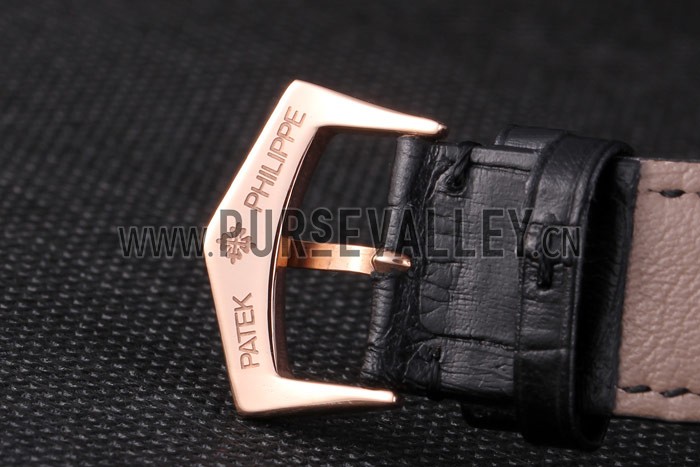 Patek Philipe Calatrava Roze Gold Polished Bezel Black Leather Bracelet 801432