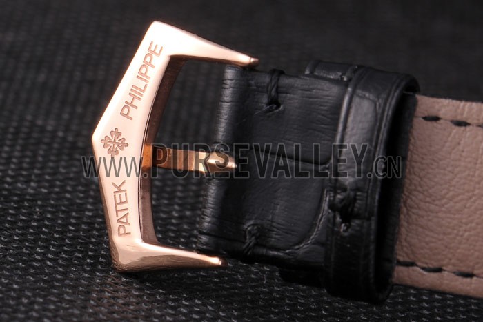Patek Philipe Calatrava Roze Gold Polished Bezel Black Leather Bracelet 801435