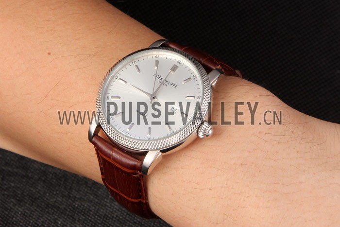 Patek Philipe Calatrava Stainless Steel Ribbed Bezel Brown Leather Bracelet 801429