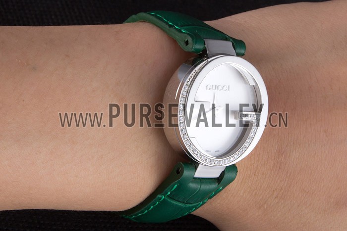 Gucci Interlocking Silver Bezel with Diamonds and Green Leather Band 621515