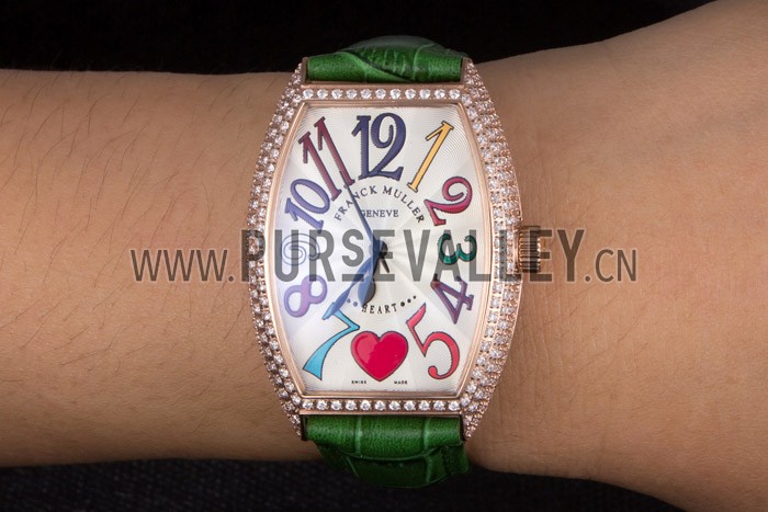 Franck Muller Heart Diamond Gold Bezel Green Leather Band 621593