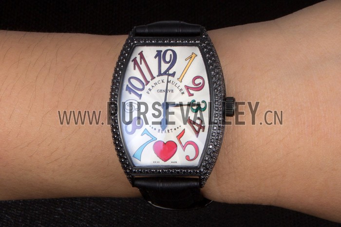 Franck Muller Heart Diamond Silver Bezel Black Leather Band 621595