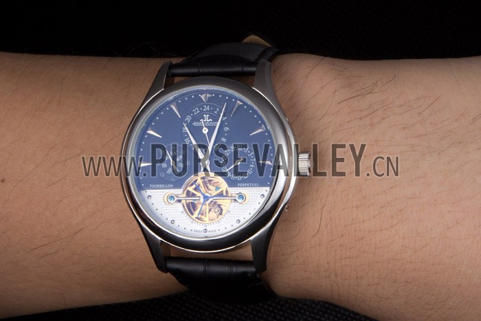 Jaeger Lecoultre Tourbillon Perpetuel Silver Bezel Black Leather Band 621614