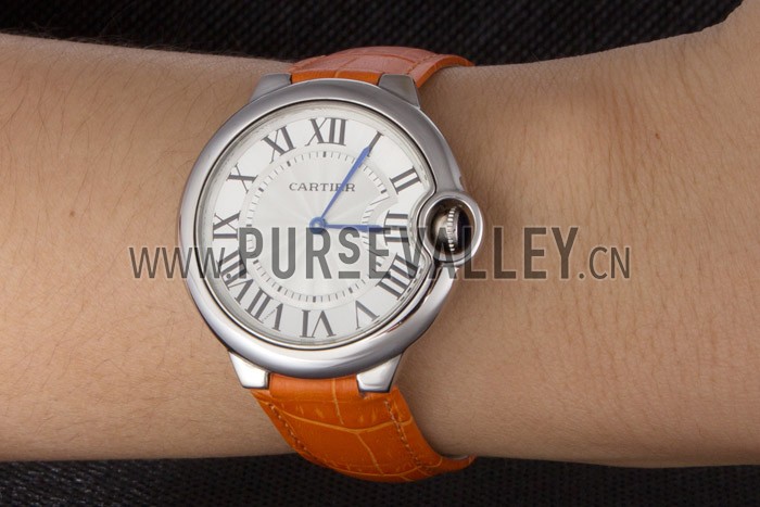 Cartier Ballon Bleu Silver Bezel with White Dial and Orange Leather Band 621550