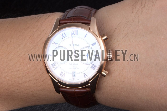 Omega DeVille Rose Gold Bezel with White Dial and Brown Leather Strap 621570