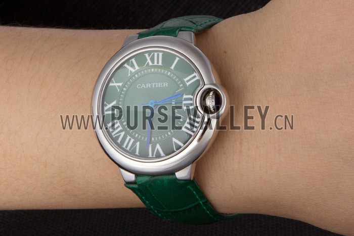 Cartier Ballon Bleu Silver Bezel with Green Dial and Green Leather Band 621553