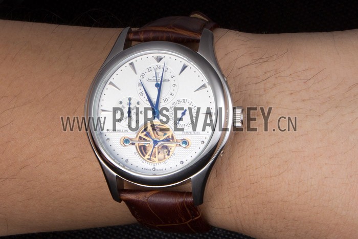 Jaeger Lecoultre Tourbillon Perpetuel Silver Bezel Brown Leather Band 621617