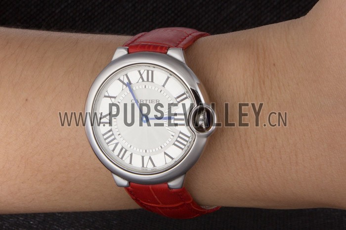 Cartier Ballon Bleu Silver Bezel with White Dial Red Leather Band 621551