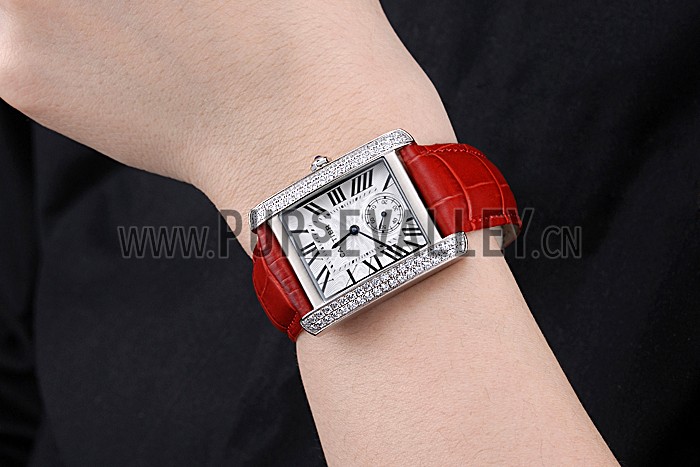 Cartier Tank MC Stainless Steel Diamond Case White Dial Red Leather Strap 622173