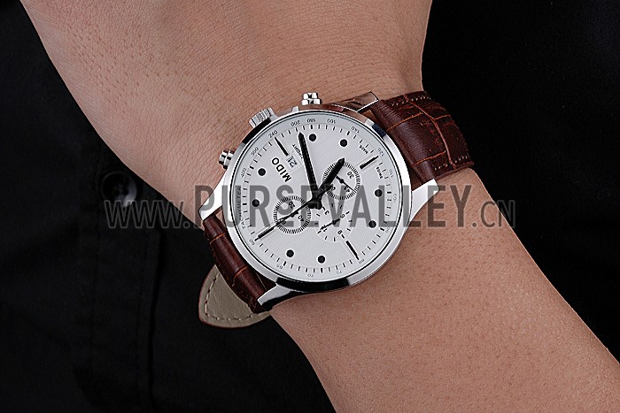 Mido Multifort Cronograph All White & Black Dial Brown Leather Strap 622183