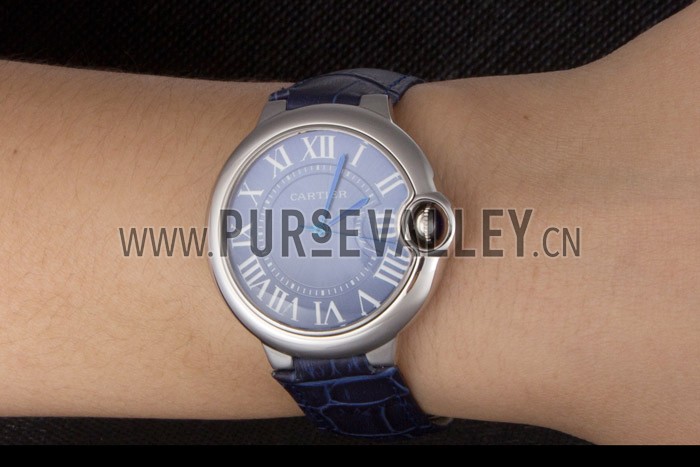 Cartier Ballon Bleu Silver Bezel with Dark Blue Dial and Dark Blue Leather Band 621555