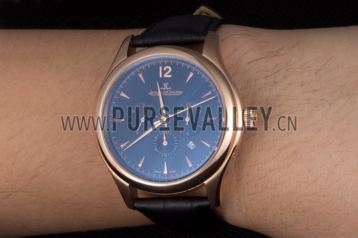 Jaeger Lecoultre Master Chronograph Gold Bezel Black Leather Band 621619