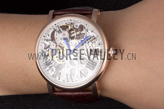 Cartier Luxury Skeleton Watch with Rose Gold Bezel and Brown Leather Band 621557