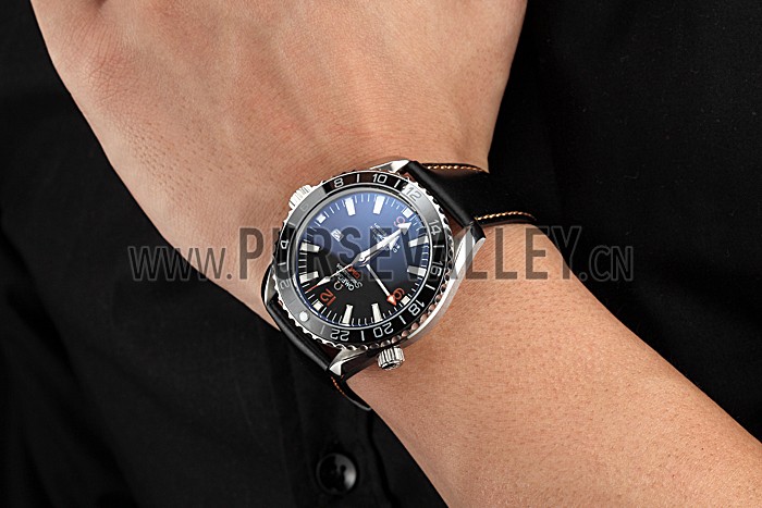 Omega Seamaster Planet Ocean GMT Black Dial Black Leather Band 622393