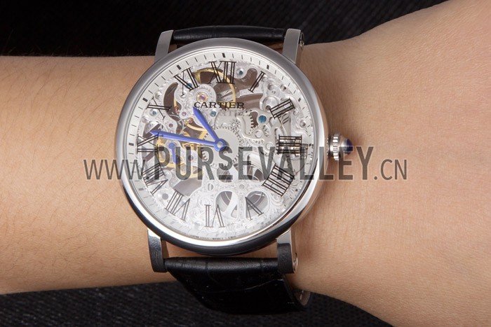 Cartier Luxury Skeleton Watch with Silver Bezel and Black Leather Band 621559
