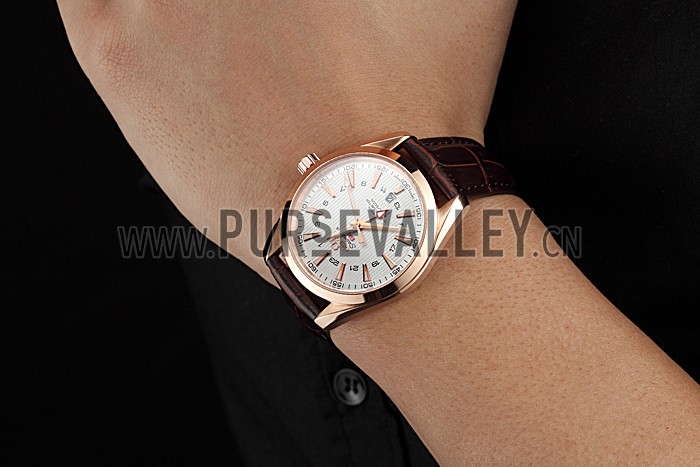 Omega Seamaster Planet Ocean GMT White Dial Rose Gold Case Brown Leather Band 622400