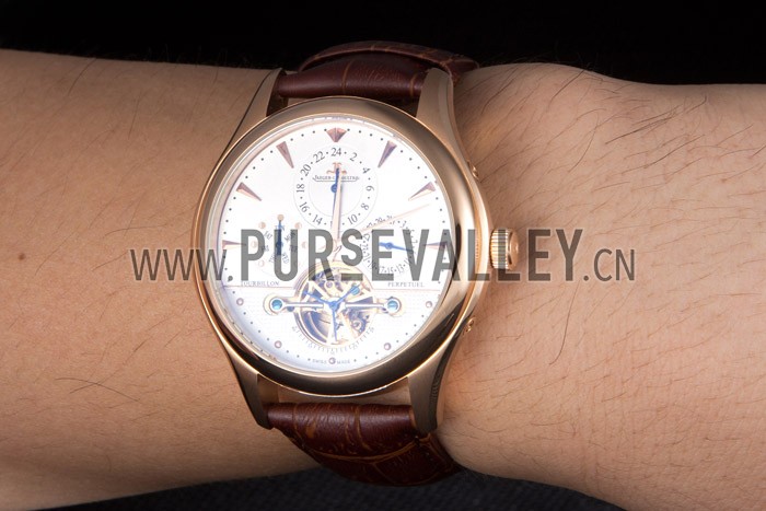 Jaeger Lecoultre Tourbillon Perpetuel Gold Bezel Brown Leather Band 621618