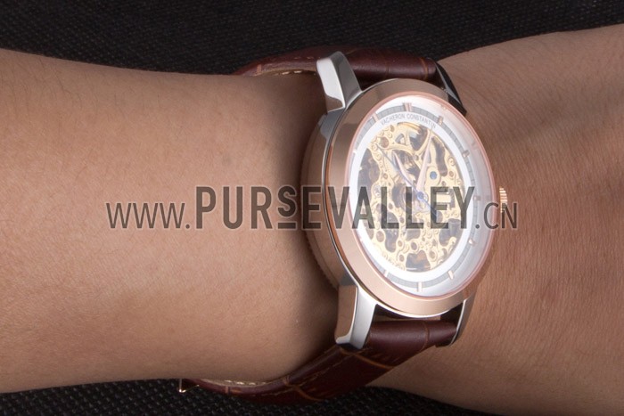 Vacheron Constantin White Skeleton Watch with Rose Gold Bezel and Brown Leather Strap 621539