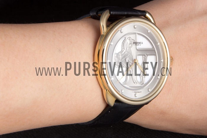 Hermes Classic Croco Leather Strap Silver Dial 801401