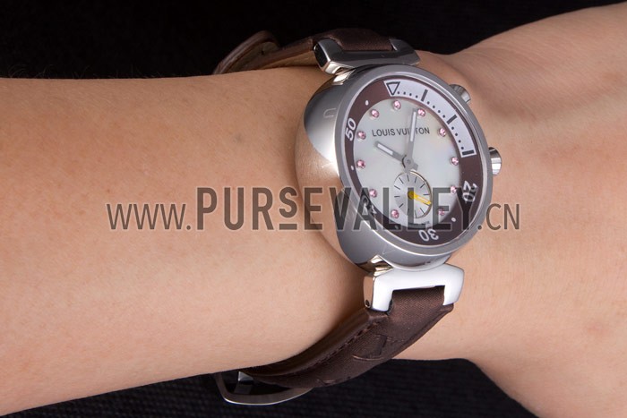 Louis Vuitton Tambour Brown Leather Bracelet White Dial 801420