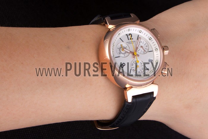 Louis Vuitton Tambour Black Leather Bracelet White Dial 801418