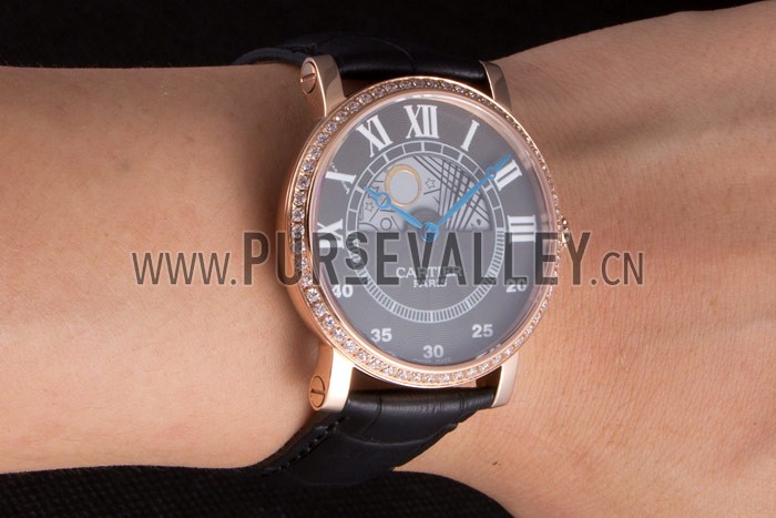 Cartier Moonphase Rose Gold Watch with Black Leather Band ct251 621370