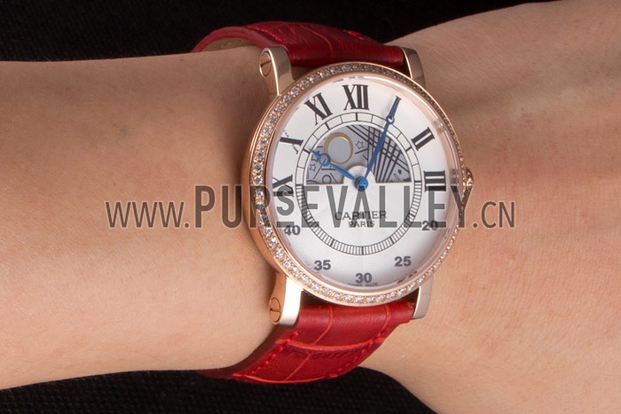 Cartier Moonphase Rose Gold Watch with Red Leather Band ct253 621372