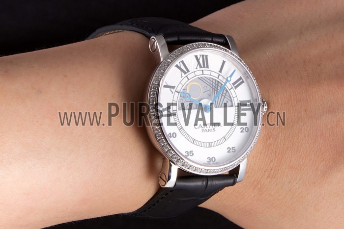 Cartier Moonphase Silver Watch with Black Leather Band ct255 621374