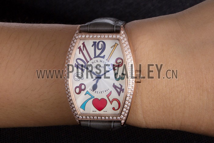 Franck Muller Heart Diamond Gold Bezel Grey Leather Band 621591
