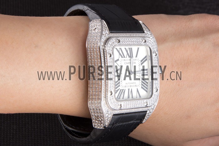 Swiss Cartier Santos Silver Bezel with Diamonds and Black Leather Strap sct47 621531