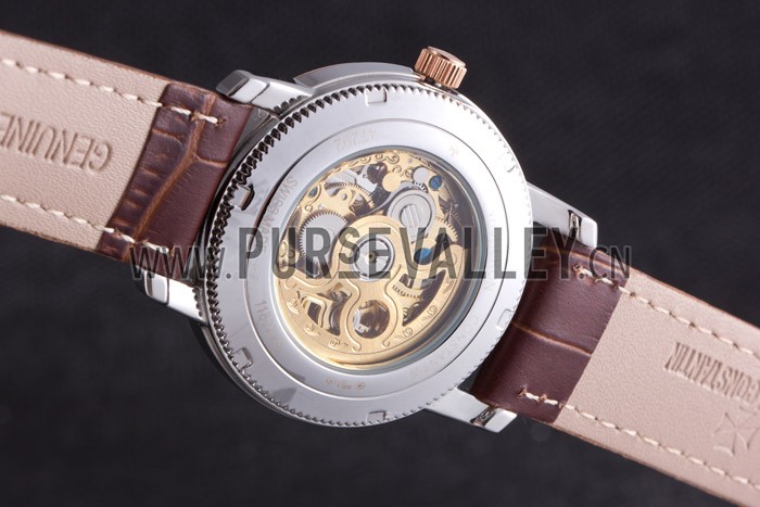 Vacheron Constantin White Skeleton Watch with Rose Gold Bezel and Brown Leather Strap 621539