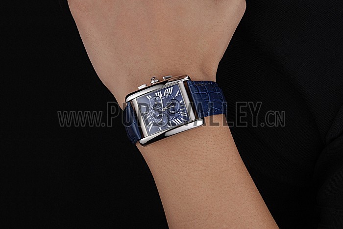 Cartier Tank MC Blue Dial Stainless Steel Case Blue Leather Bracelet 622691