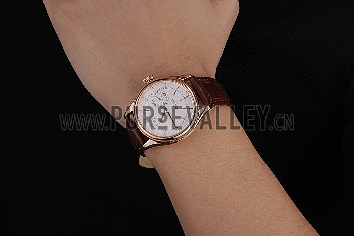 Rolex Cellini White Rose Dial Gold Case Brown Leather Bracelet 622725