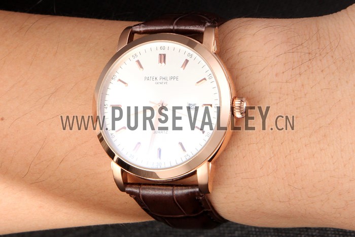 Patek Philipe Calatrava Roze Gold Polished Bezel Brown Leather Bracelet 801430