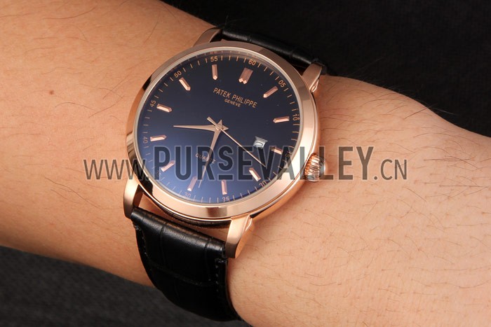 Patek Philipe Calatrava Roze Gold Polished Bezel Black Leather Bracelet 801432
