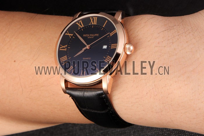 Patek Philipe Calatrava Roze Gold Polished Bezel Black Leather Bracelet 801435