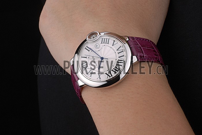 Cartier Ballon Bleu 42mm White Dial Stainless Steel Case Purple Leather Bracelet