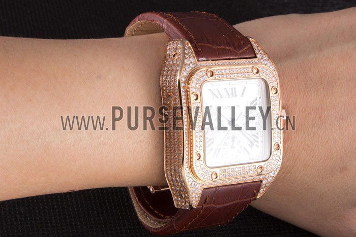 Swiss Cartier Santos Rose Gold Bezel with Diamonds and Brown Leather Strap sct43 621527