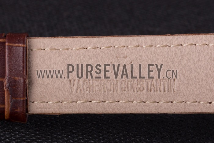 Vacheron Constantin White Skeleton Watch with Rose Gold Bezel and Brown Leather Strap 621539