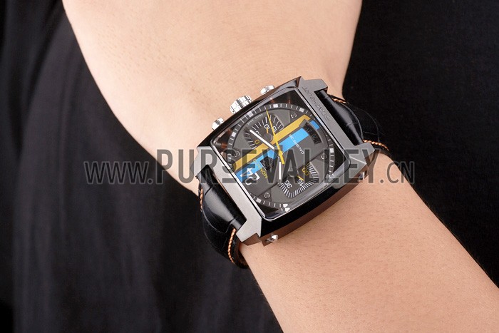 Tag Heuer Swiss Monaco Black Leather Strap Blue-Yellow Striped Black Dial