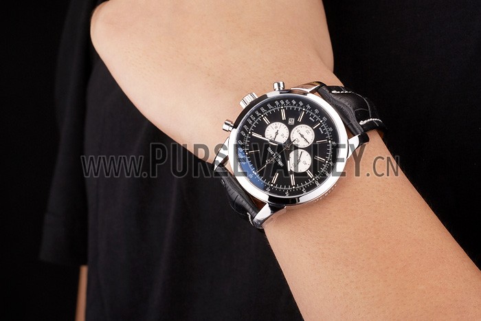 Breitling Transocean Black Dial Black Leather Strap Polished Stainless Steel Bezel