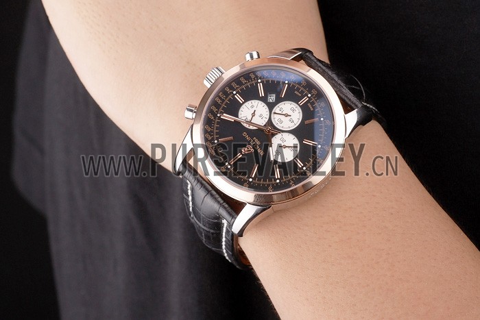 Breitling Transocean Black Dial Black Leather Strap Rose Gold Bezel 98203
