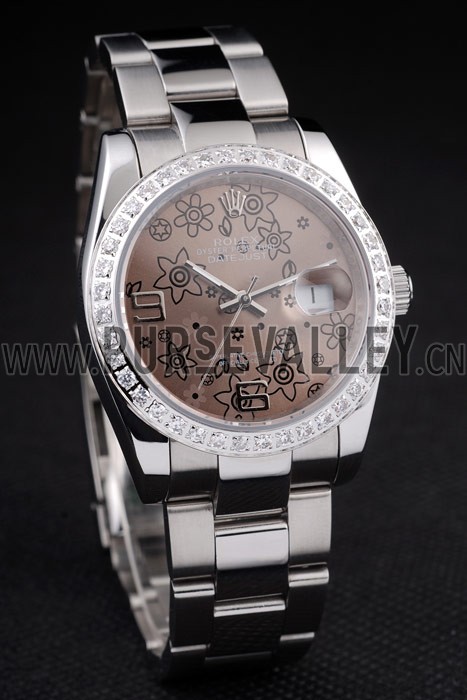Rolex Datejust Polished Stainless Steel Brown Flowers Dial Diamond Plated