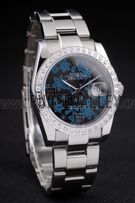 Rolex Datejust Polished Stainless Steel Dark Blue Flowers Dial Diamond Plated