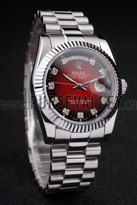 Rolex Day-Date Polished Stainless Steel Two Tone Red Dial