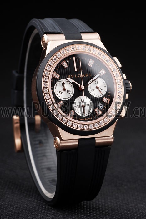 Bvlgari Diagono 36mm Black Dial Gold Case With Diamonds Black Rubber Bracelet