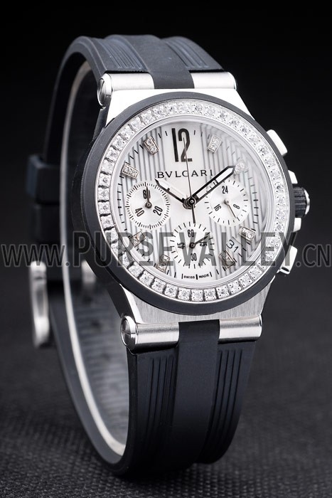 Bvlgari Diagono 36mm White Dial Stainless Steel Case With Diamonds Black Rubber Bracelet