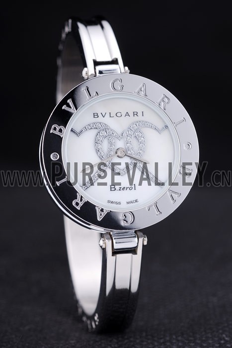 Bvlgari B.ZERO1 30mm White Diamond Heart Dial Steel Case Black Bezel Steel Bracelet