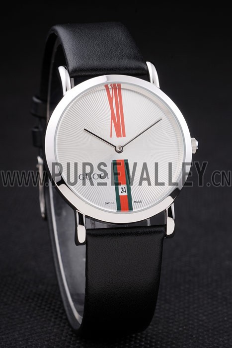 Gucci Large Polished Stainless Steel Bezel White Dial Black Leather Strap